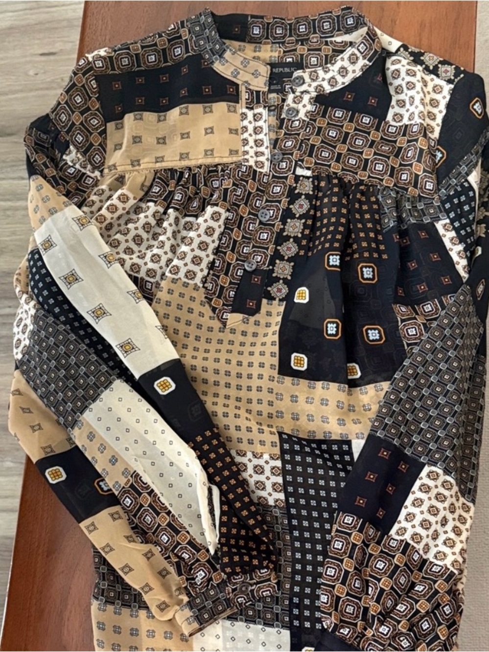 Banana Republic Patchwork Print Top in Black, Tan, Cream